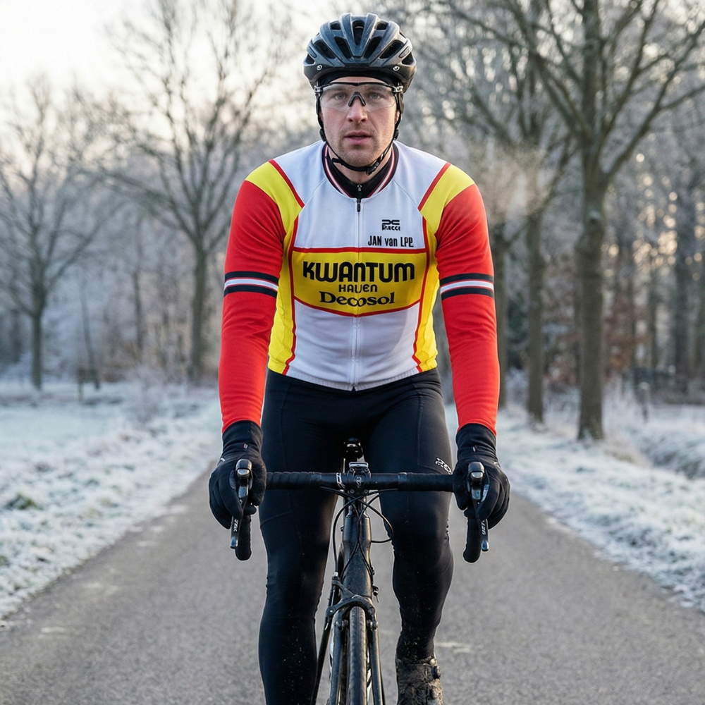 Vintage wintertrui KWANTUM op een fietser