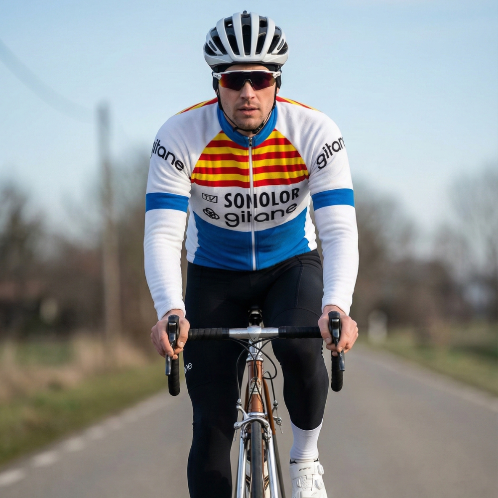 Vintage SONOLOR GITANE Wielertrui op een wielrenner
