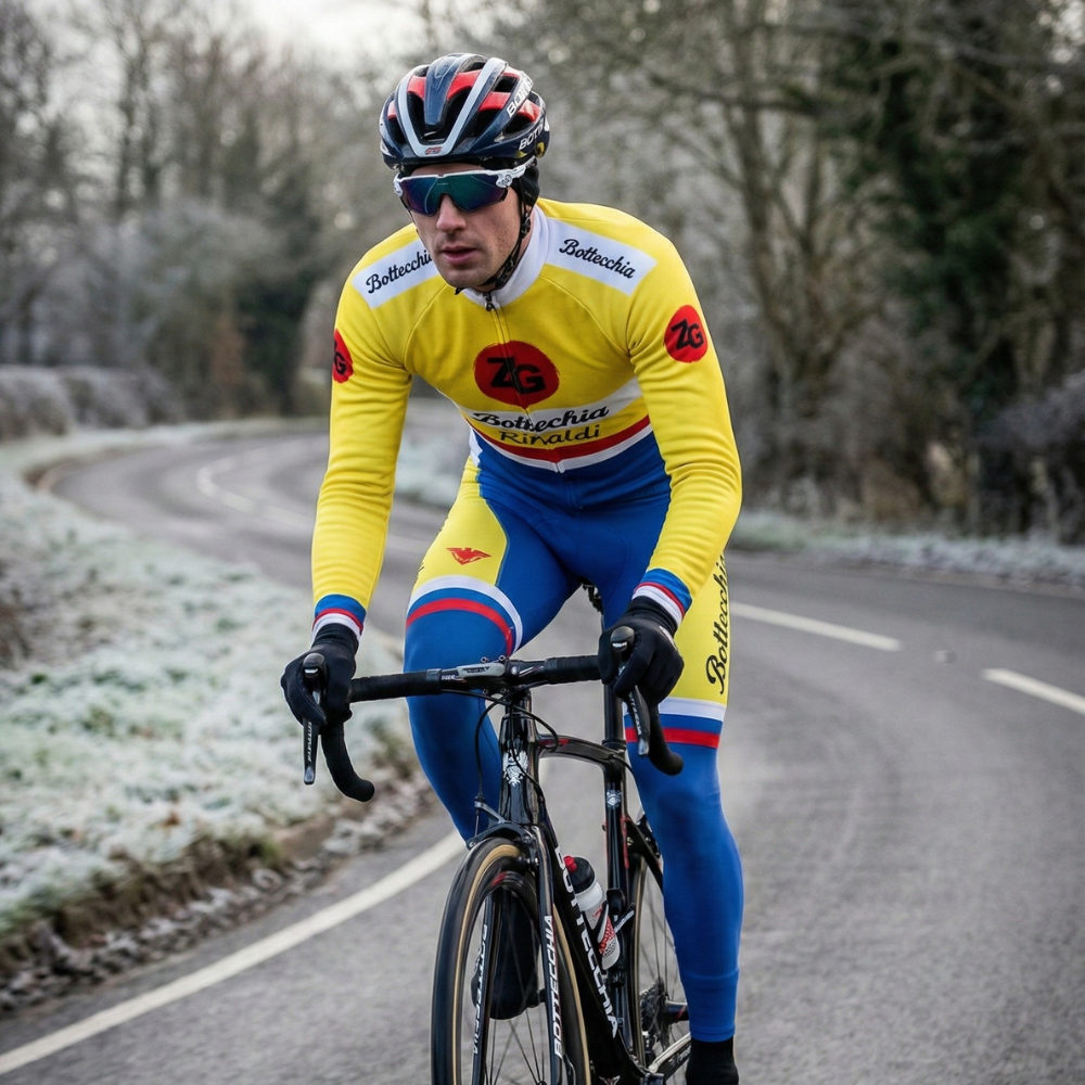 Vintage ZG RINALDI Winterfietsbroek op een wielrenner