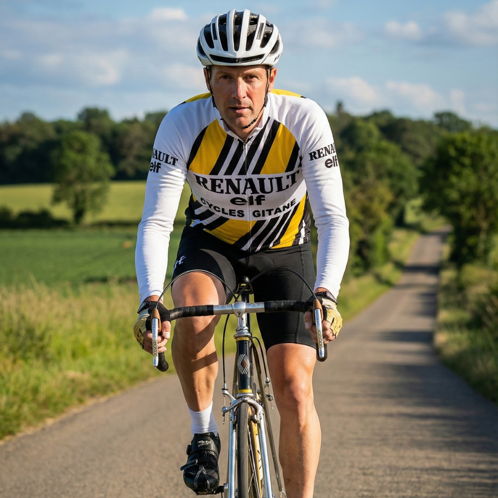 Lange Vintage RENAULT Fietsoutfit op een wielrenner