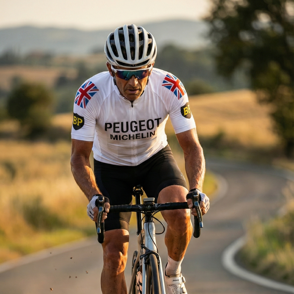 Vintage Trikot PEUGEOT TOM SIMPSON ENGLAND auf einem Radfahrer