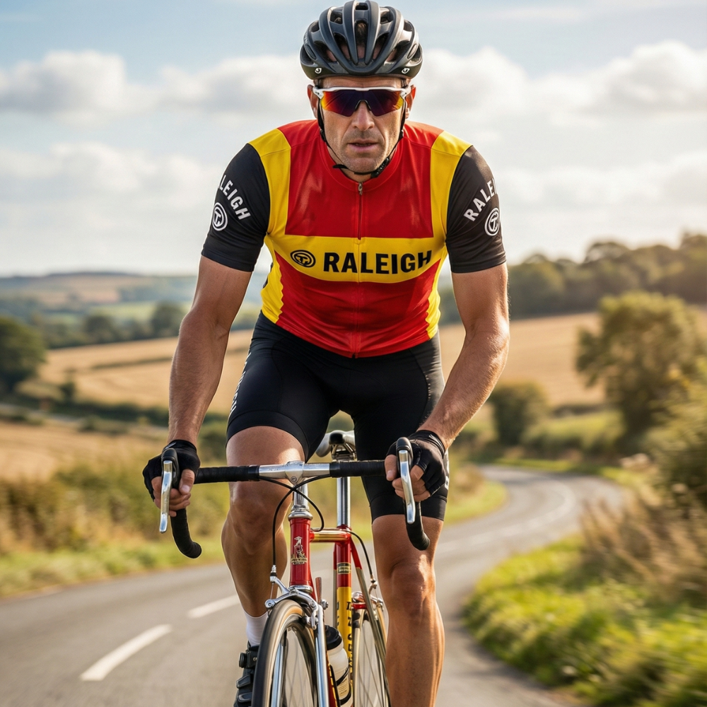 Vintage RALEIGH Trikot auf einem Radfahrer