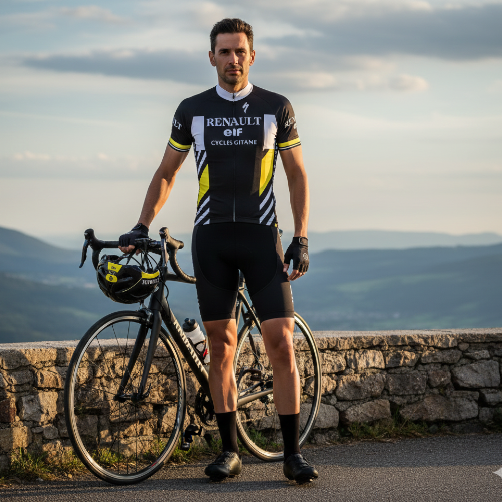 Tenue Eté Vintage RENAULT NOIR LA VUELTA sur un cycliste