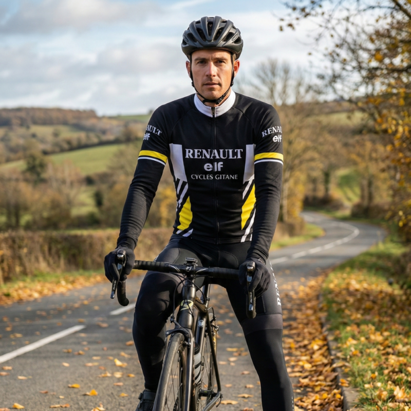 Maillot Hiver Vintage RENAULT NOIR LA VUELTA sur un cycliste