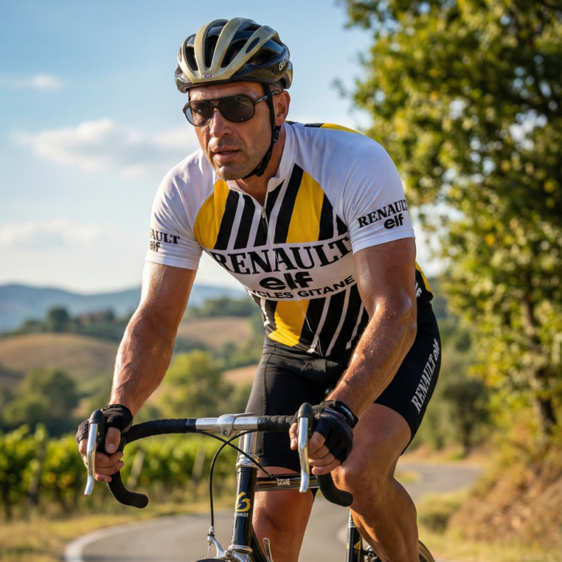Maillot Vintage RENAULT Jaune Noir sur un cycliste