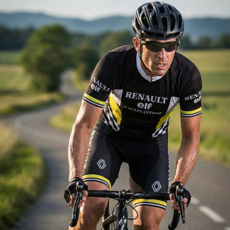 Maillot Vintage RENAULT NOIR VUELTA 83 sur un cycliste