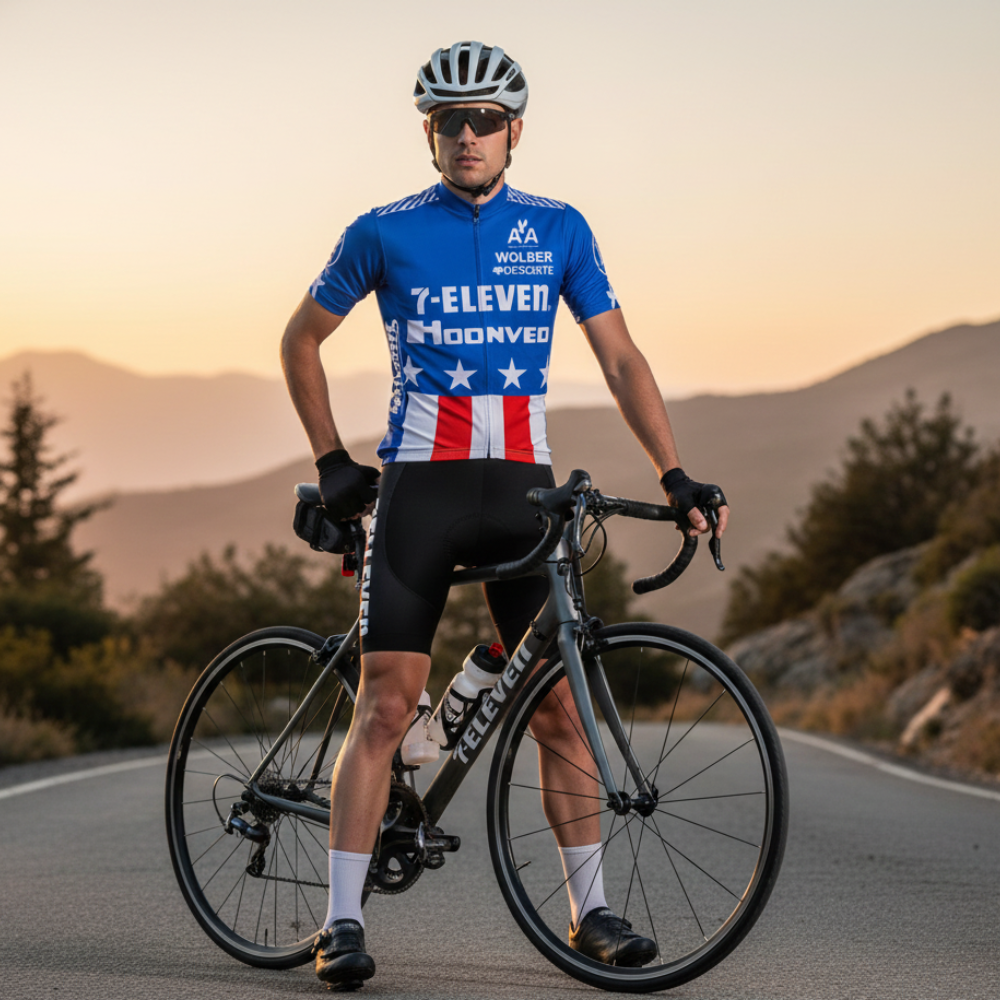 Vintage Sommer Outfit USA 7-ELEVEN HOONVED auf einem Radfahrer