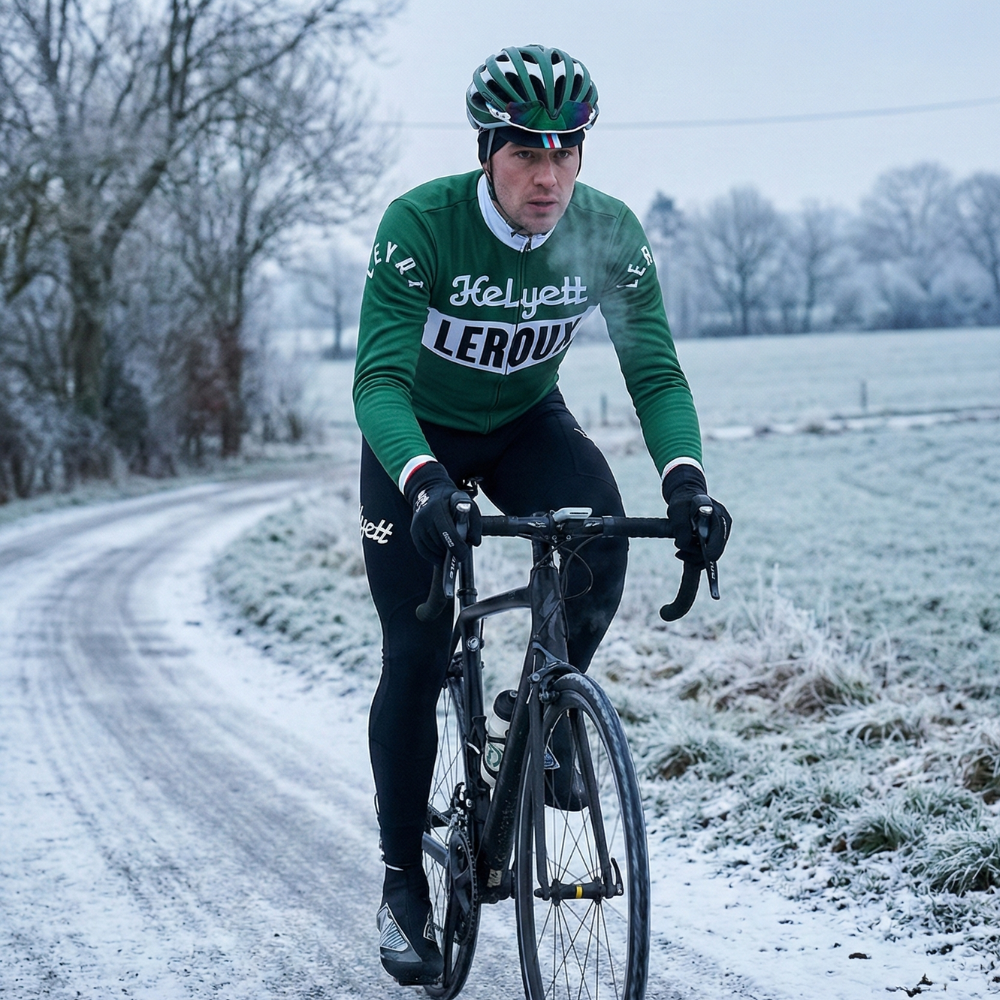 Tenue Hiver Vintage HELYETT LEROUX sur un cycliste