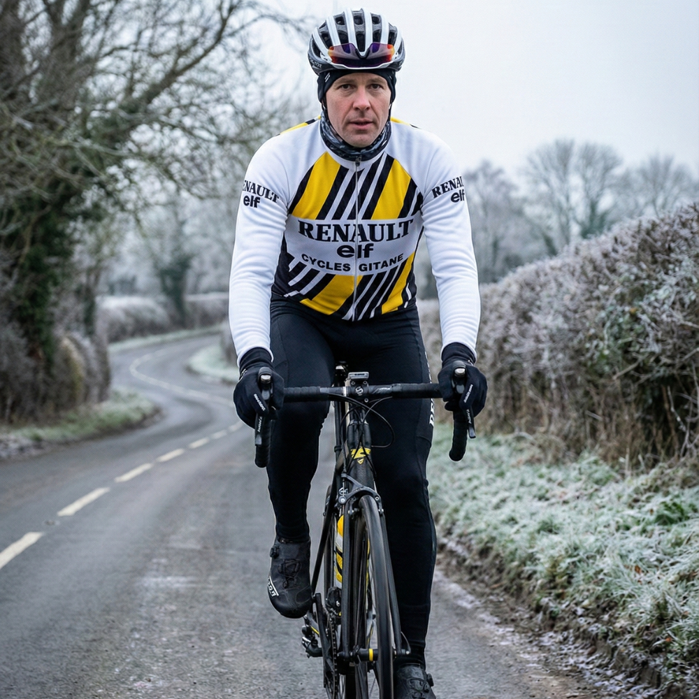 Tenue Hiver Vintage RENAULT JAUNE sur un cycliste
