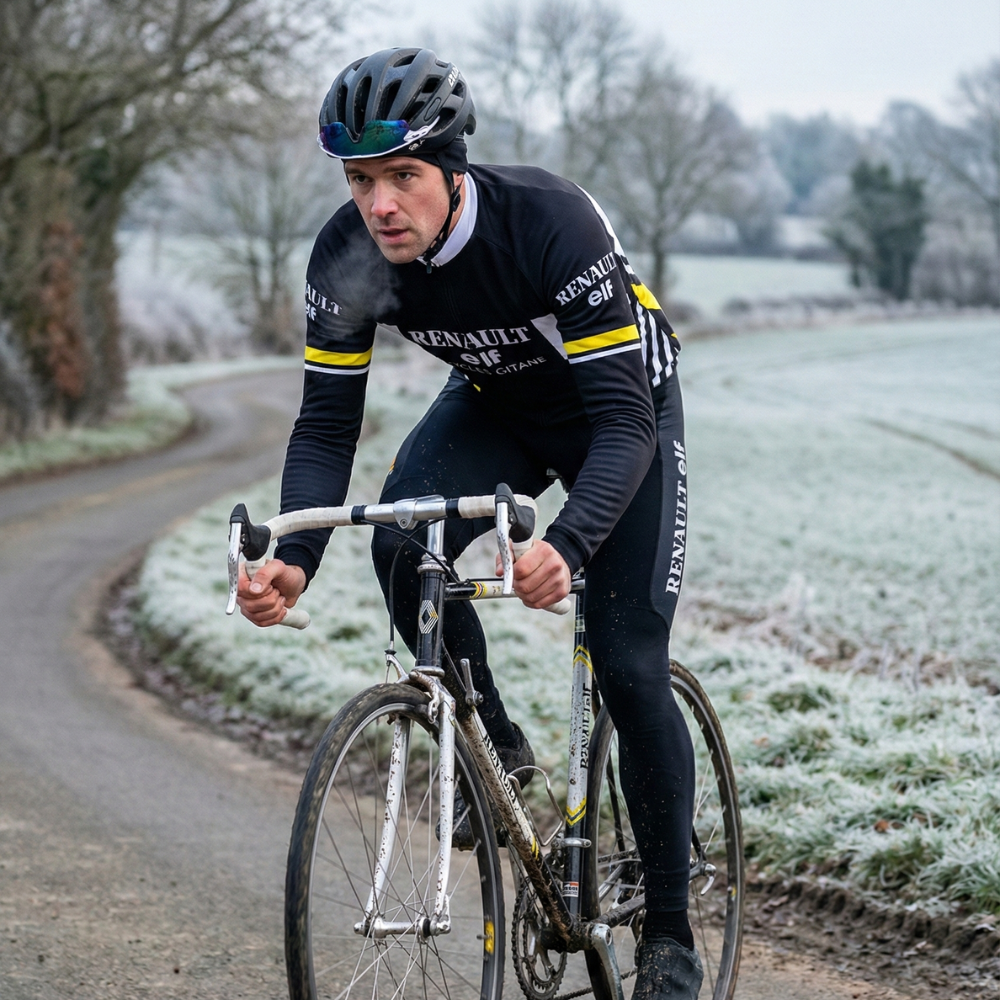 Vintage Winter Kit RENAULT BLACK LA VUELTA on a cyclist