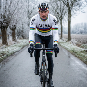 Maillot Hiver Vintage CHAMPION DU MONDE FAEMA sur un cycliste