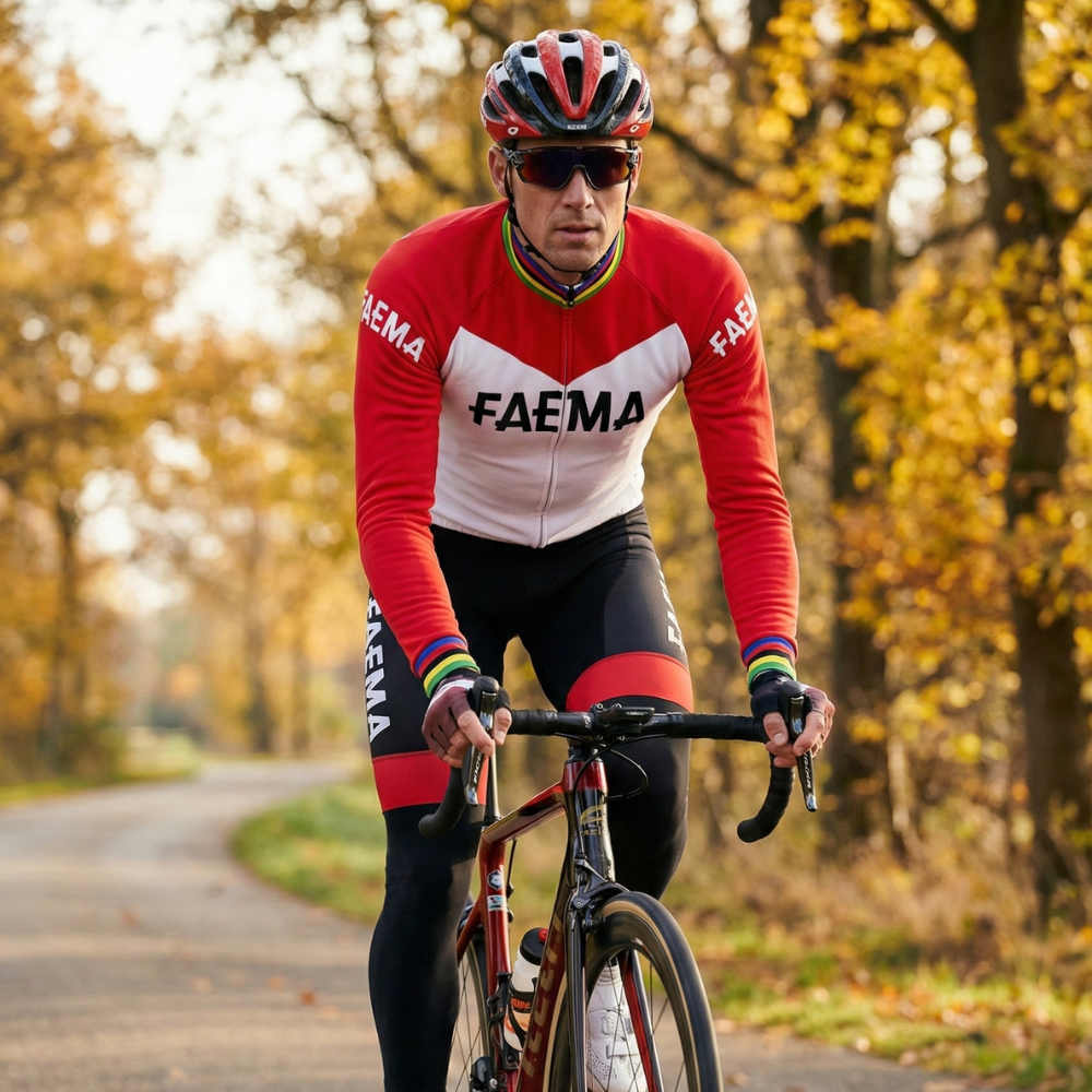 Maillot Hiver Vintage FAEMA rouge & blanc sur un cycliste