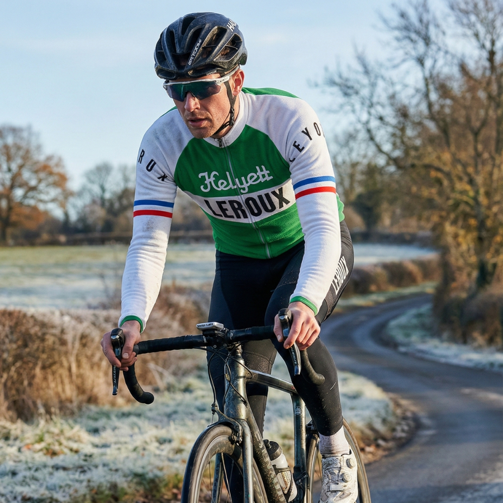 Vintage Wintertenue HELYETT LEROUX op een wielrenner