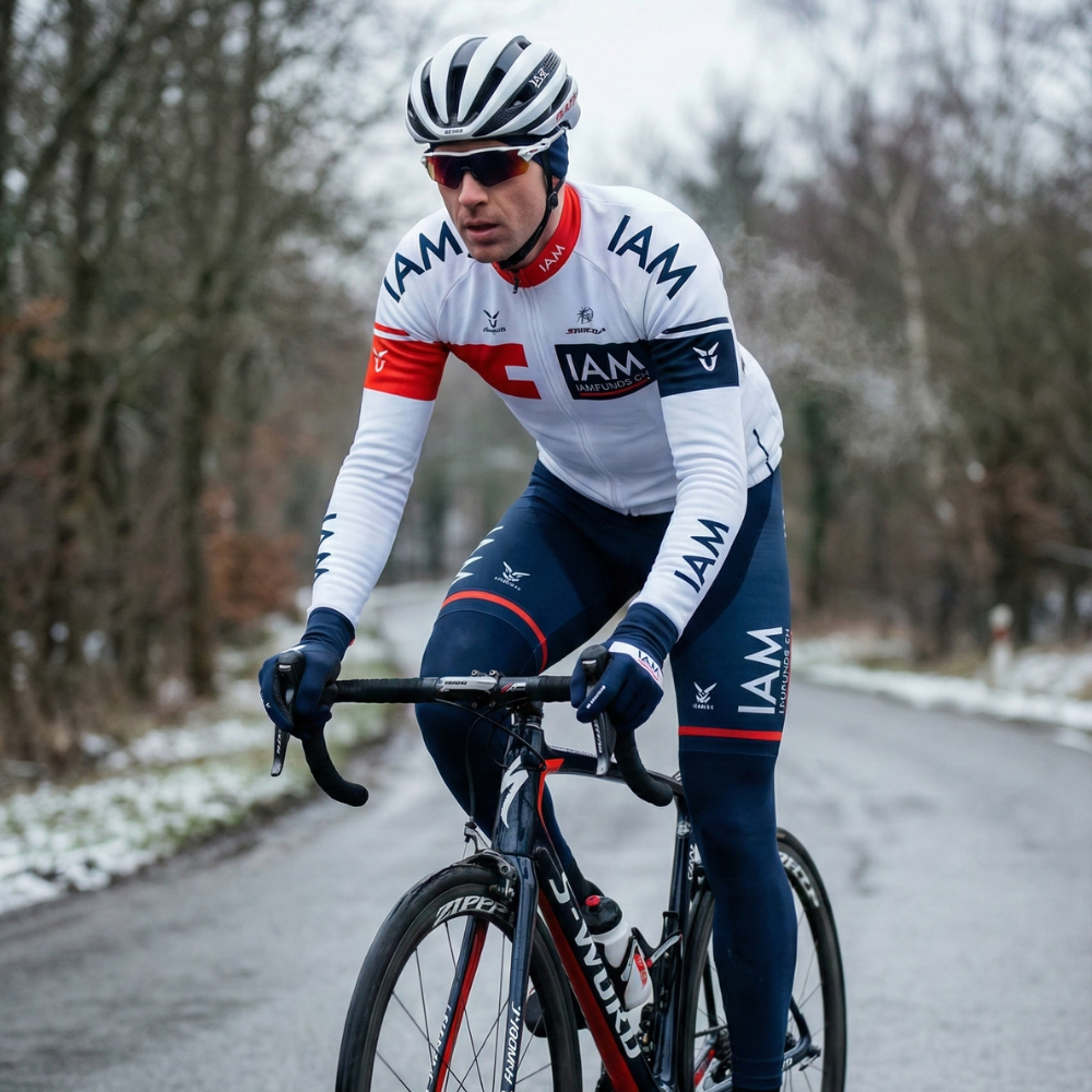 Vintage IAM BLANC Winter trui op een wielrenner