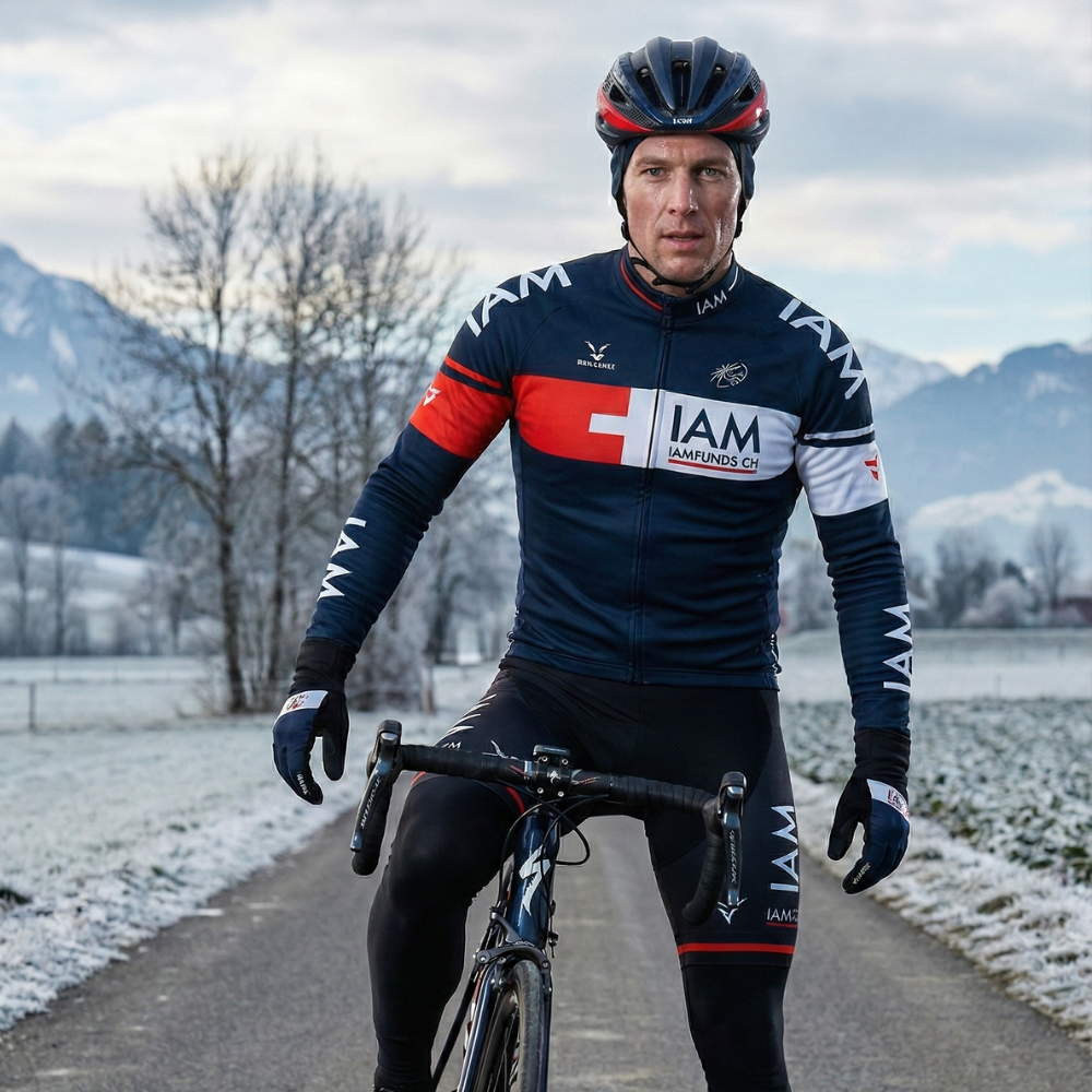 Vintage IAM wielertrui voor de winter op een wielrenner