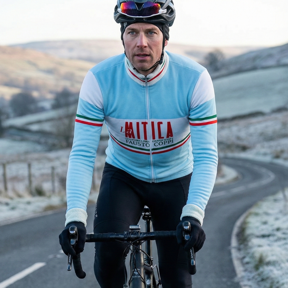 Maillot Hiver Vintage LA MITICA FAUSTO COPPI sur un cycliste