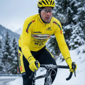 Maillot Hiver Vintage MERCATONE UNO WEGA ALBACOM JAUNE sur un cycliste