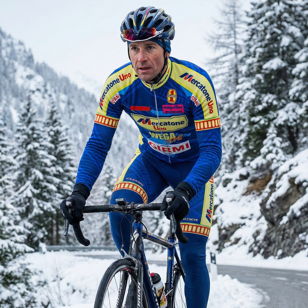 Vintage MERCATONE UNO WEGA wintertrui op een wielrenner