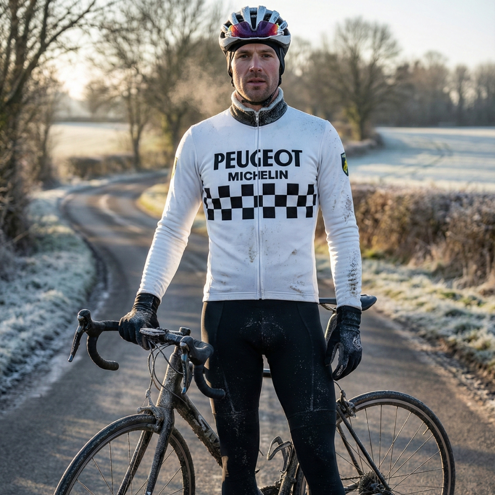 Vintage Winterfietsjersey PEUGEOT BP Wit op een fietser