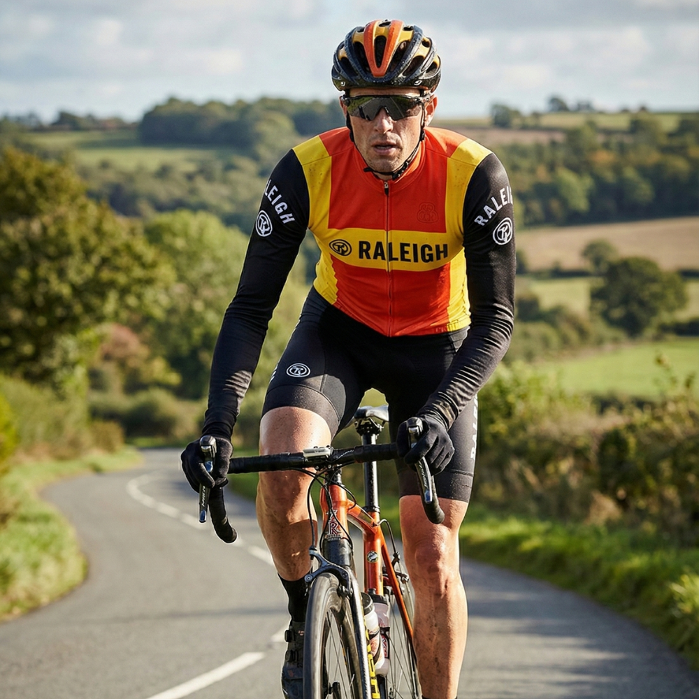 Vintage RALEIGH Wintershirt op een wielrenner