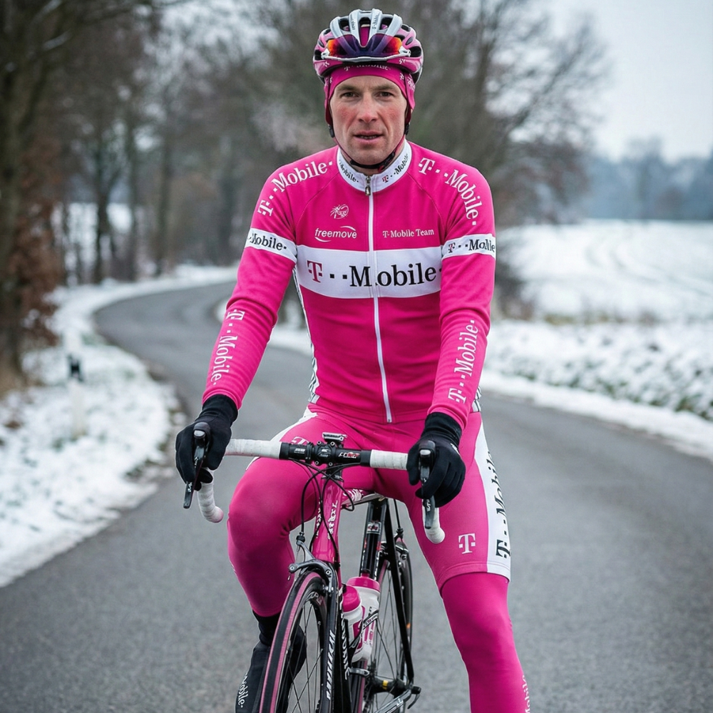 Vintage wintershirt T.MOBILE ROZE op een wielrenner