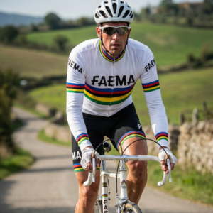 Maillot Long Eté Vintage CHAMPION DU MONDE FAEMA sur un cycliste