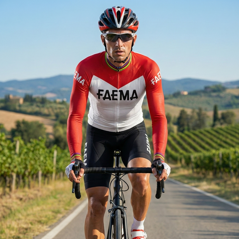 Maillot Long Eté Vintage FAEMA rouge & blanc sur un cycliste