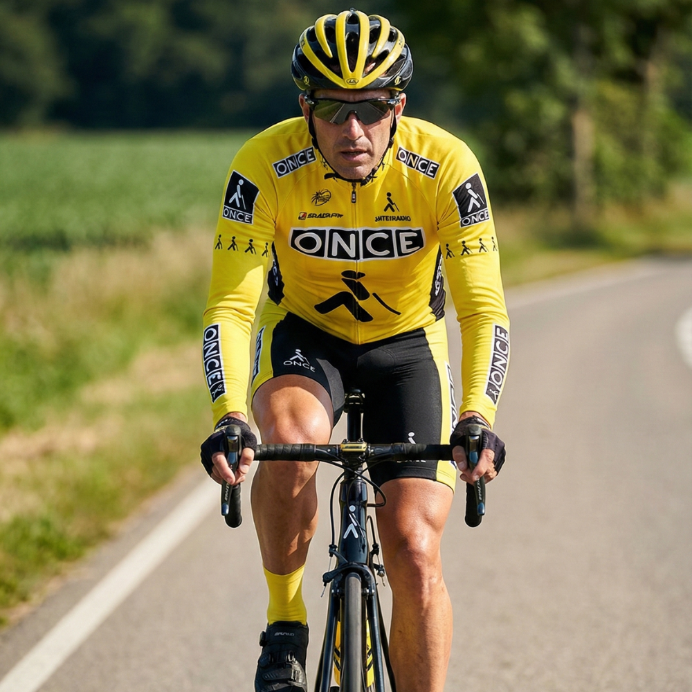 Maillot Long Eté Vintage ONCE JAUNE sur un cycliste