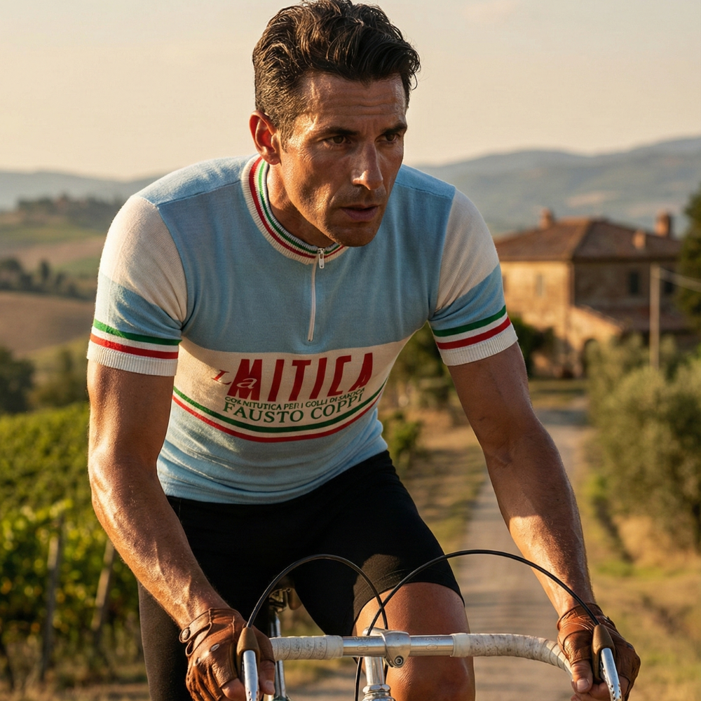 Vintage Trikot LA MITICA FAUSTO COPPI auf einem Radfahrer