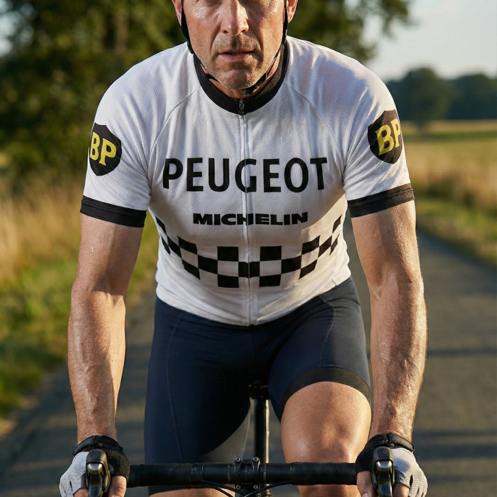 Vintage PEUGEOT BP Trikot auf einem Radfahrer
