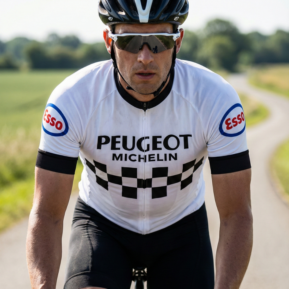 Maillot Vintage PEUGEOT ESSO sur un cycliste
