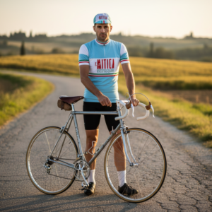 PACK MAILLOT + CASQUETTE LA MITICA FAUSTO COPPI sur un cycliste