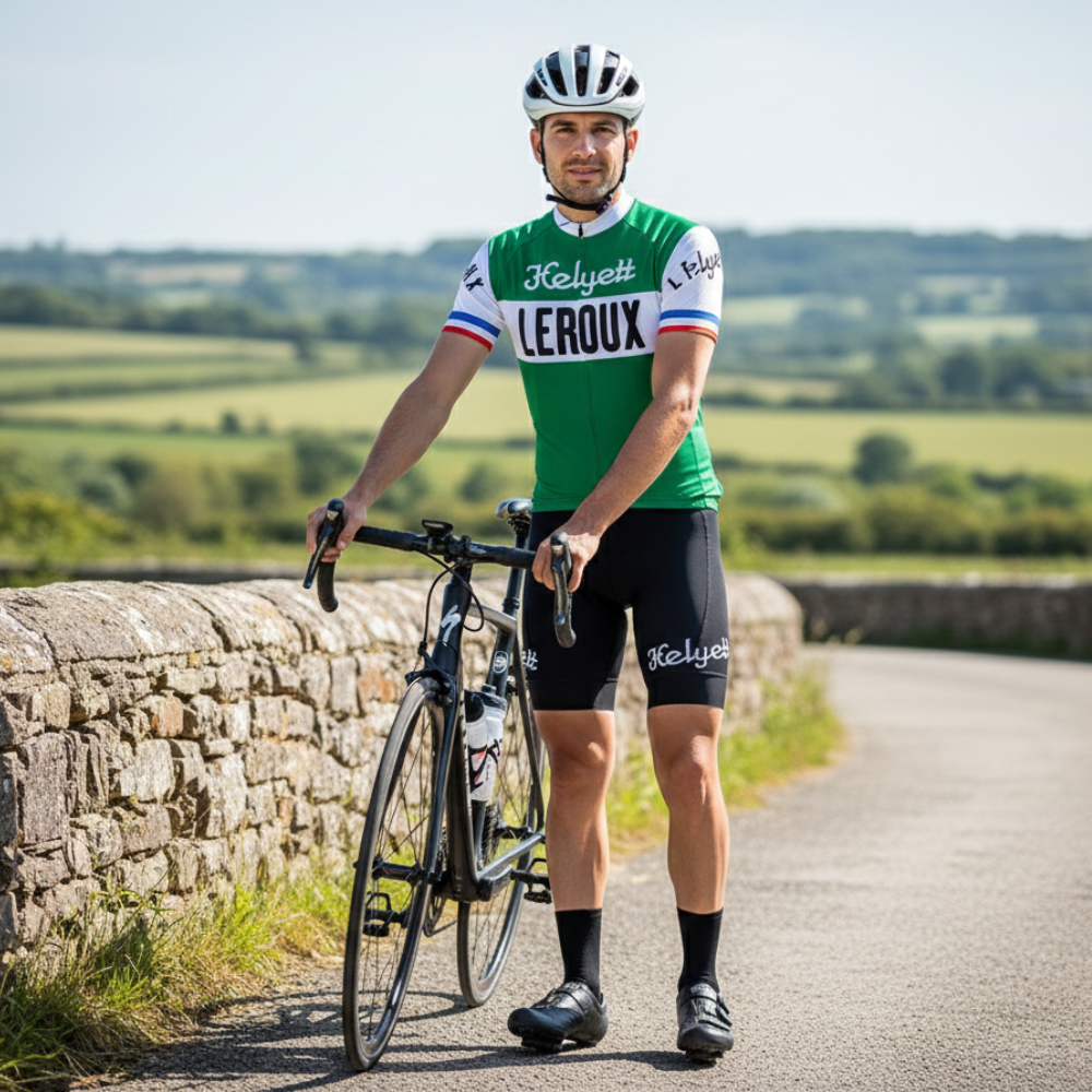 Vintage zomeroufit HELYETT LEROUX op een racefiets