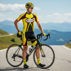 Tenue Eté Vintage MERCATONE UNO Jaune Noir Rouge sur un cycliste