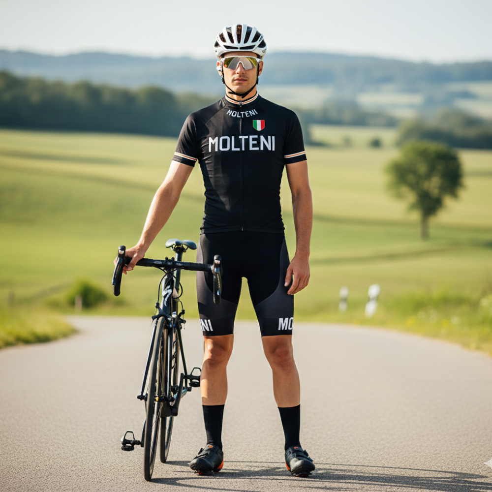 Tenue Eté Vintage MOLTENI NOIR sur un cycliste
