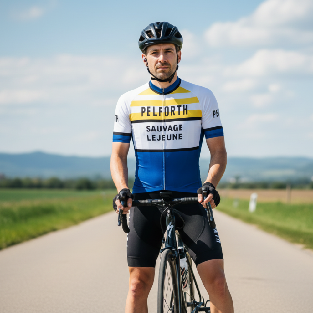 Tenue Eté Vintage PELFORTH SAUVAGE LEJEUNE sur un cycliste