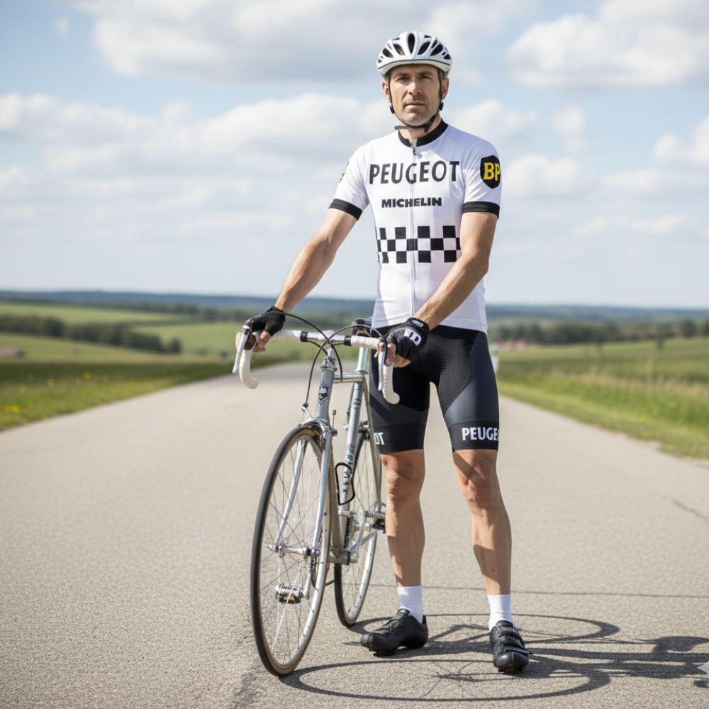 Tenue Eté Vintage PEUGEOT BP sur un cycliste