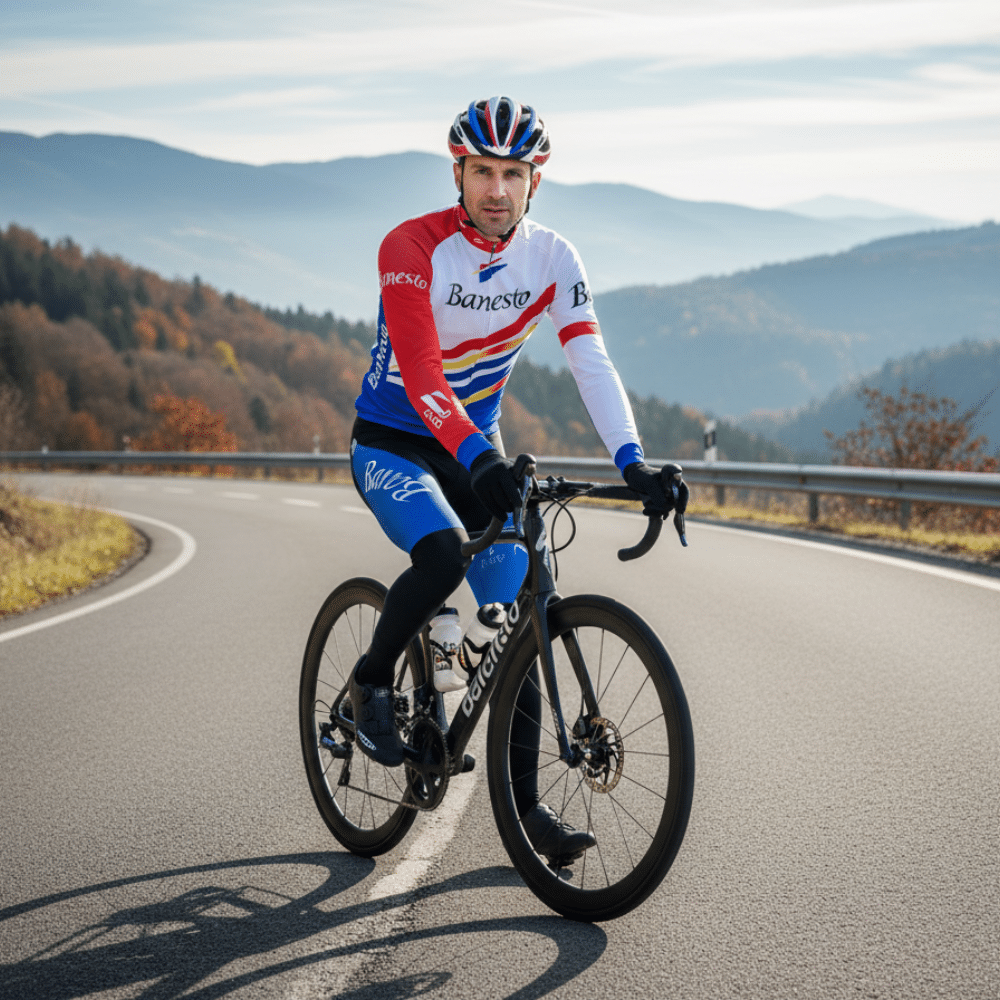 Tenue Hiver Vintage BANESTO sur un cycliste