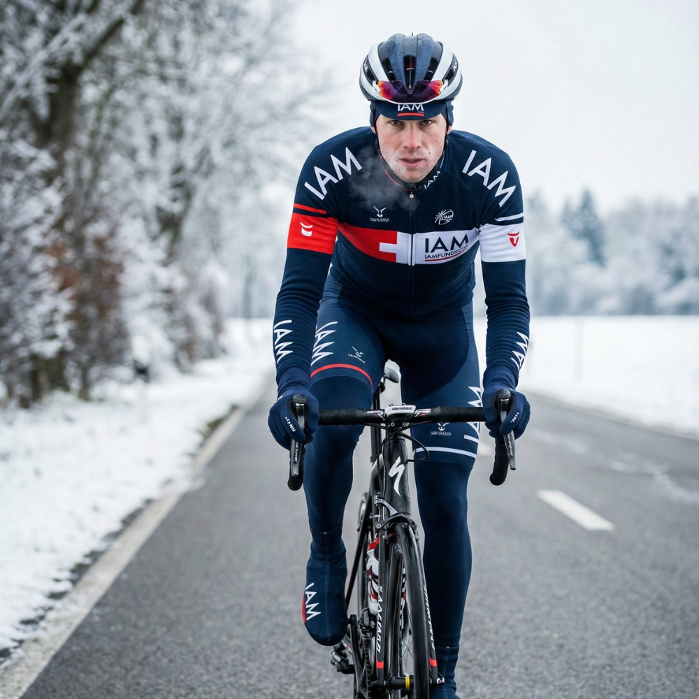 Vintage IAM BLEU Winteroutfit auf einem Radfahrer