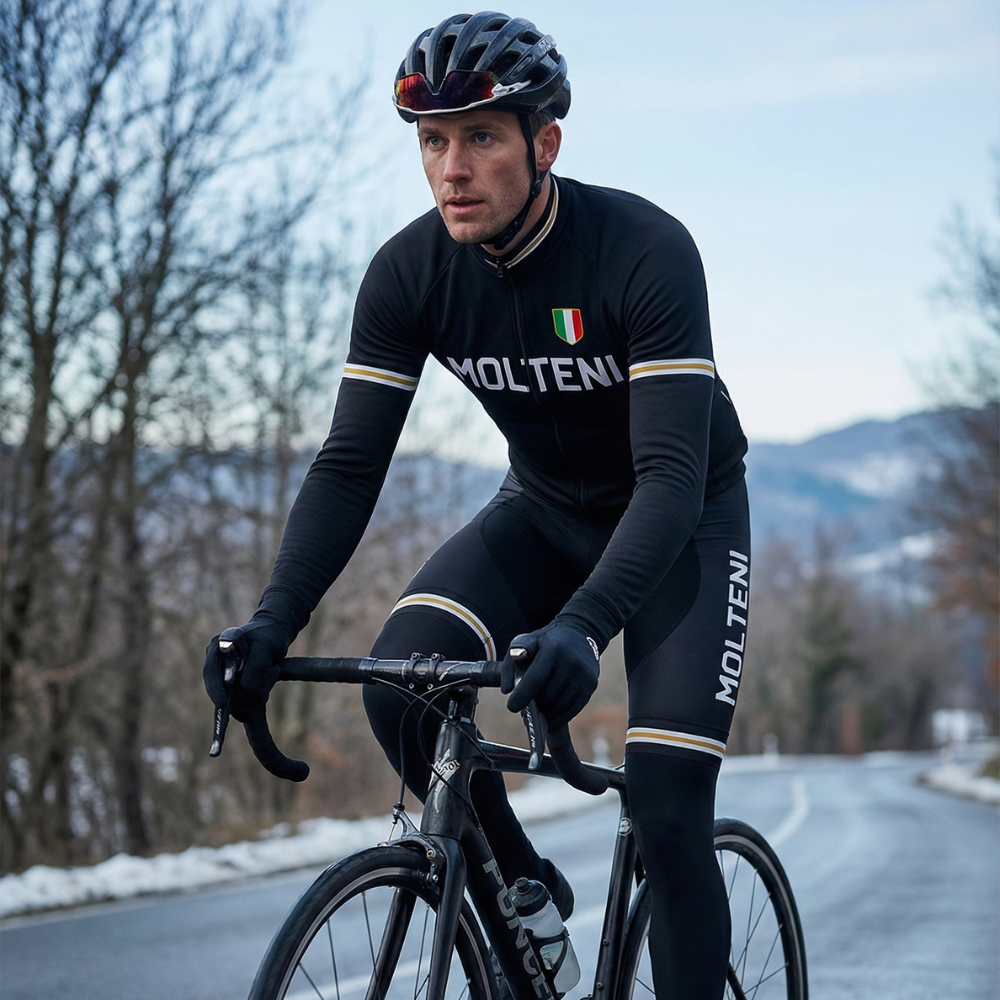 Vintage Winter Outfit MOLTENI NOIRE auf einem Radfahrer