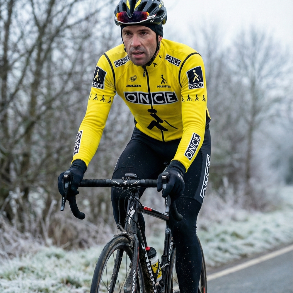 Tenue Hiver Vintage ONCE JAUNE sur un cycliste