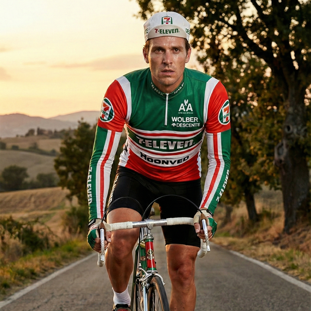 Langes Sommer-Radtrikot Vintage 7-ELEVEN auf einem Radfahrer