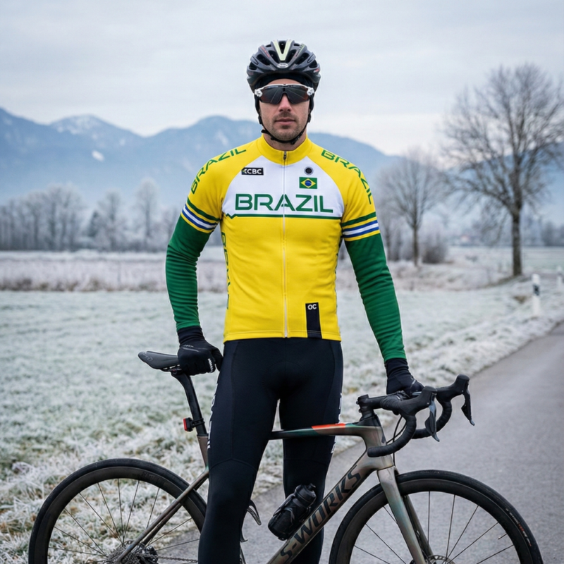 Maillot Hiver EQUIPE NATIONALE DU BRESIL JAUNE sur un cycliste