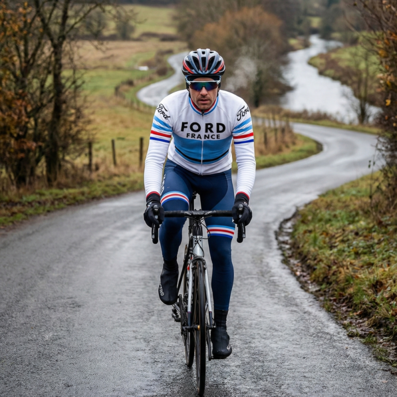 Maillot Hiver Vintage FORD FRANCE sur un cycliste