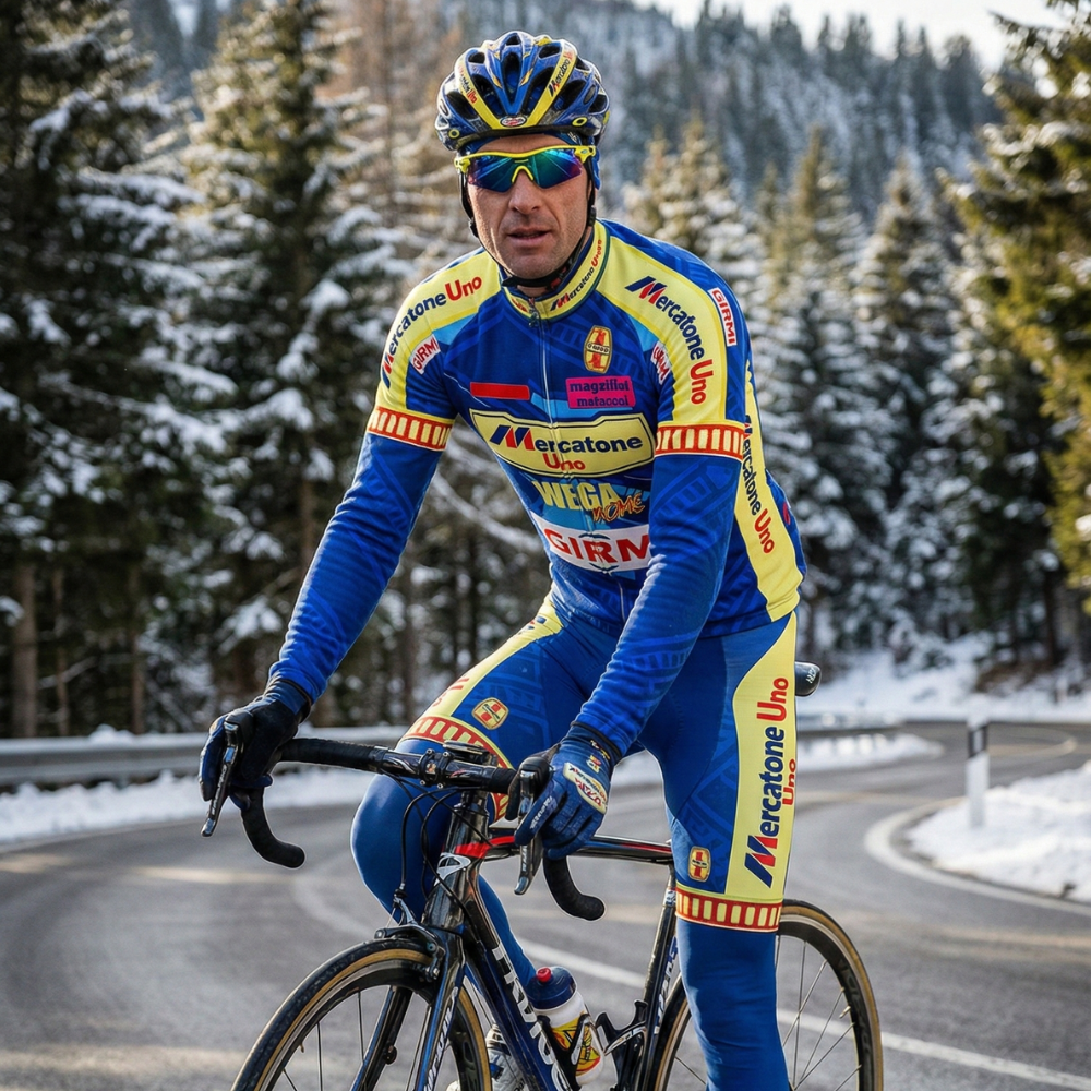 Maillot Hiver Vintage MERCATONE UNO WEGA BLEU sur un cycliste