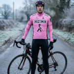 Maillot Hiver Vintage ONCE ROSE sur un cycliste