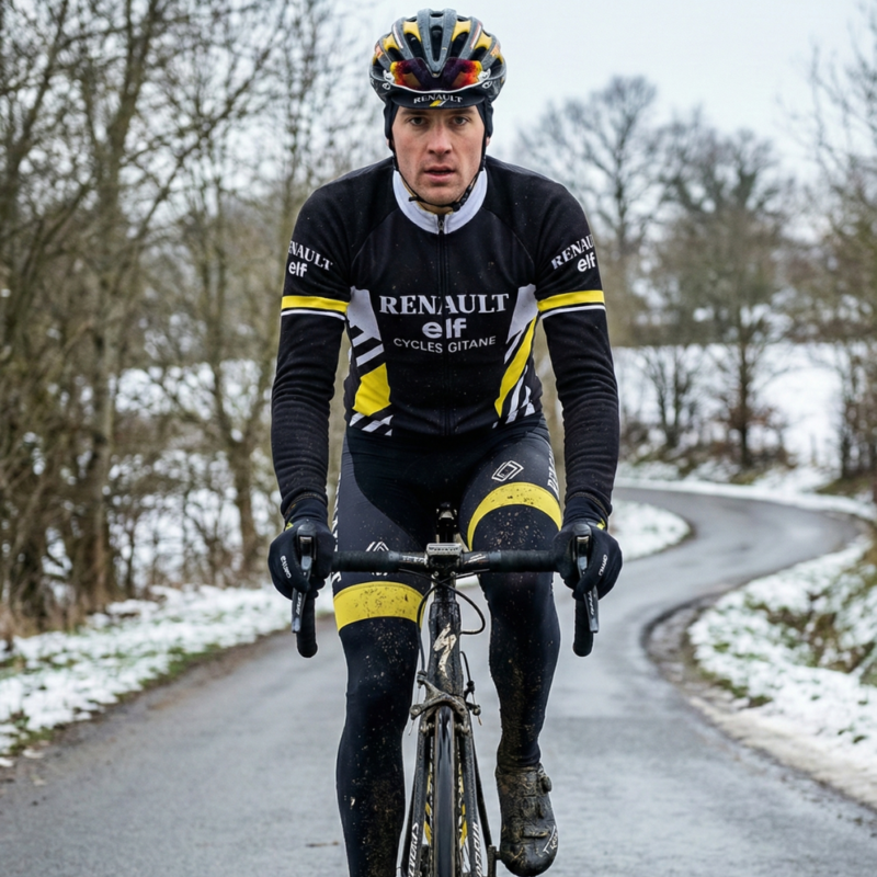 Maillot Hiver Vintage RENAULT NOIR LA VUELTA sur un cycliste