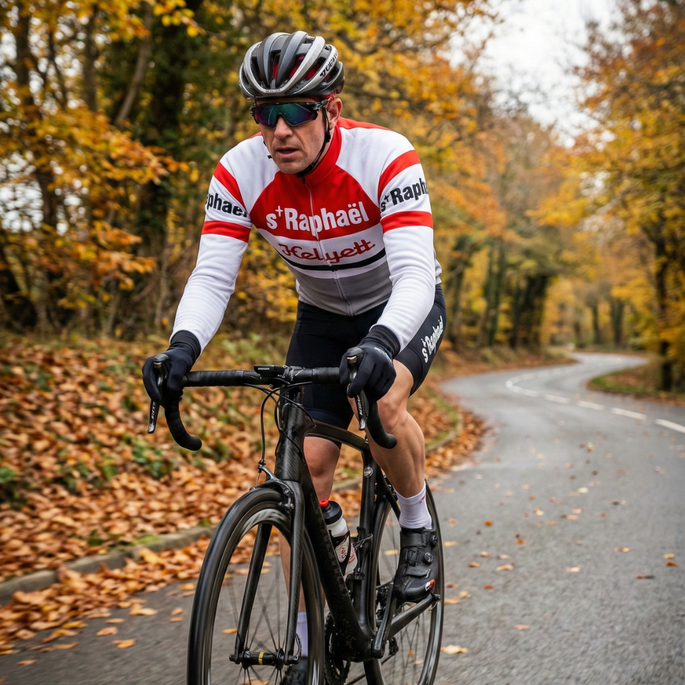 Vintage winterracefiets Jersey SAINT RAPHAEL HELYETT op een wielrenner