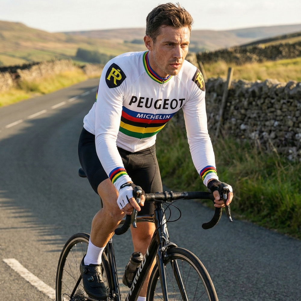 Maillot Long Eté Vintage CHAMPION DU MONDE PEUGEOT sur un cycliste