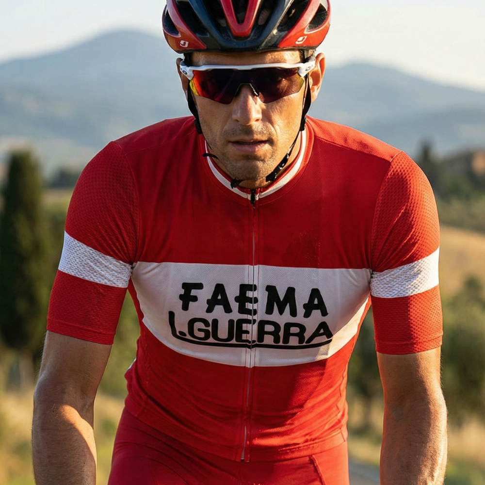 Vintage FAEMA GUERRA Trikot auf einem Radfahrer